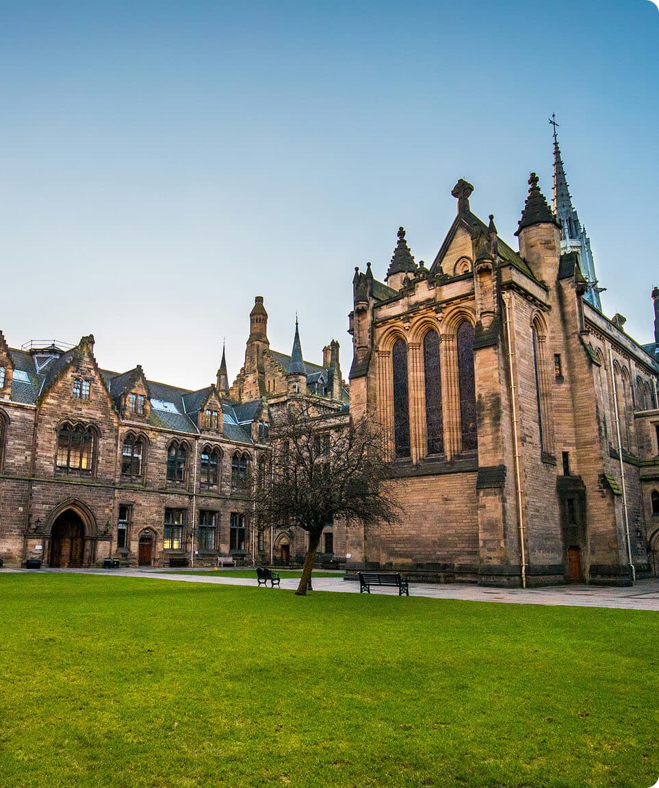 Historic university campus quad on a clear day